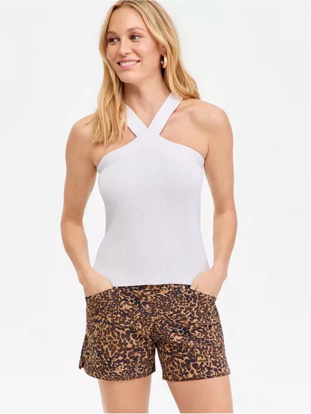 INC International Concepts White Ribbed Cross-Neck Halter Tank